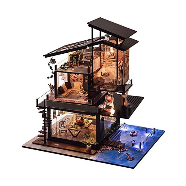 Kit De Modèle De Maison De Poupée Miniature Bricolage, Maison De Poupées Artisanales en Bois 3D avec Couvercle Anti-Poussière