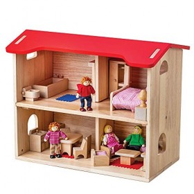 Bigjigs Toys Maison de poupées en bois complète avec accessoires, meubles et famille