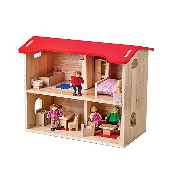 Bigjigs Toys Maison de poupées en bois complète avec accessoires, meubles et famille