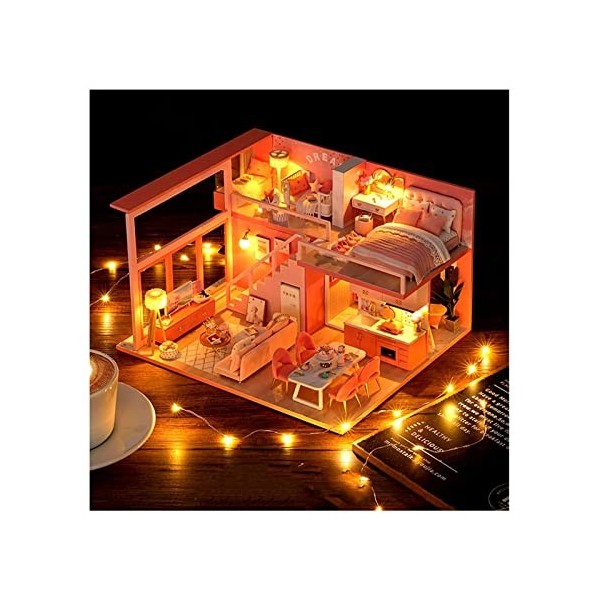 Miniatures de maison de poupée bricolage, mini maison de poupée faite à la main + musique + housse anti-poussière, cadeau mer