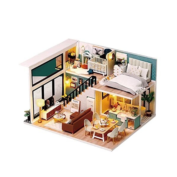 Miniatures de maison de poupée bricolage, mini maison de poupée faite à la main + musique + housse anti-poussière, cadeau mer