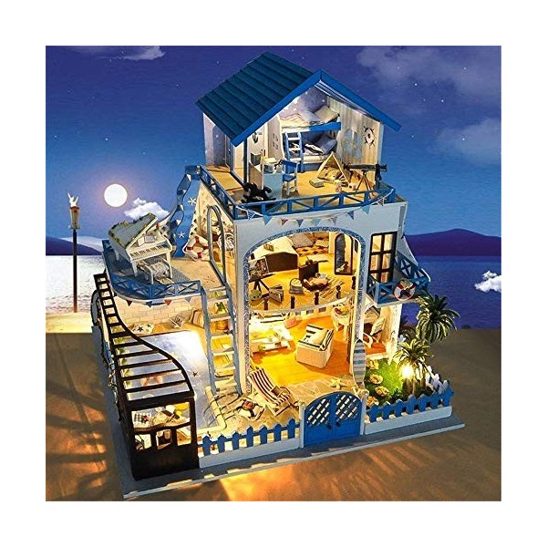 BONOCO Cottage Mer Égée Maison de poupée Miniature avec Meubles Kit de Maison de poupée en Bois, Anti-poussière et Mouvement 