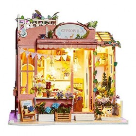 DIY Dollhouse Miniature Kit Mini Gypsophila Flower Shop Poupées Maison Meubles Led Lumières Accessoires Modèle En Bois Puzzle