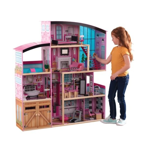 KidKraft 65949 Maison de poupées en bois Shimmer incluant accessoires et mobilier, 4 étages de jeu pour poupées 30 cm