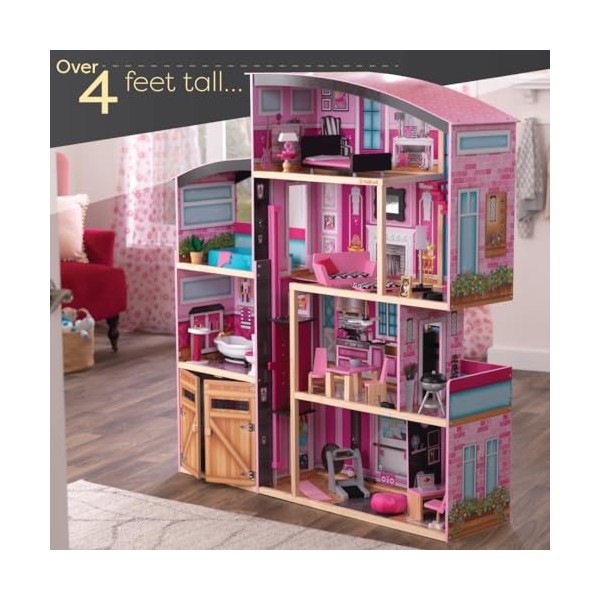 KidKraft 65949 Maison de poupées en bois Shimmer incluant accessoires et mobilier, 4 étages de jeu pour poupées 30 cm