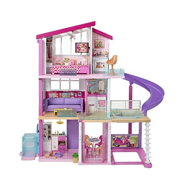 Barbie Mobilier Dreamhouse, Maison de rêve pour poupées avec Piscine, Toboggan et Ascenseur Accessible en Fauteuil Roulant & 