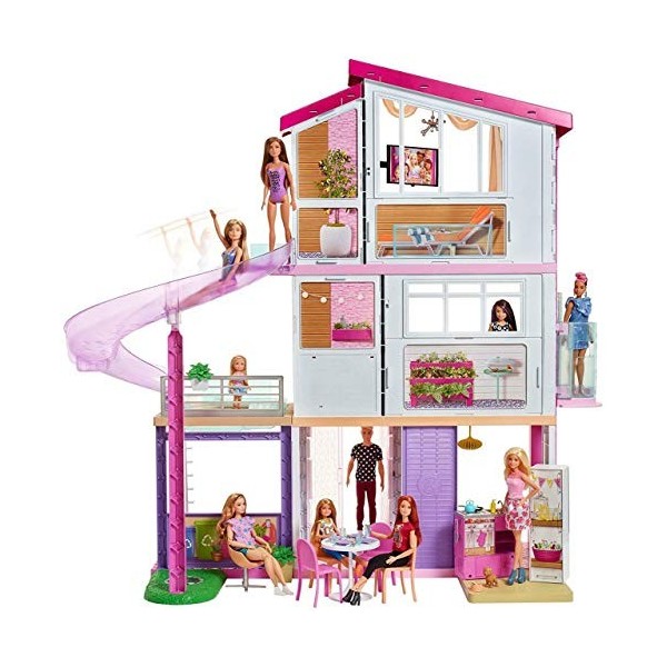 Barbie Mobilier Dreamhouse, maison de poupées à deux étages avec ascenseur, piscine, toboggan, cinq pièces et garage, jouet p