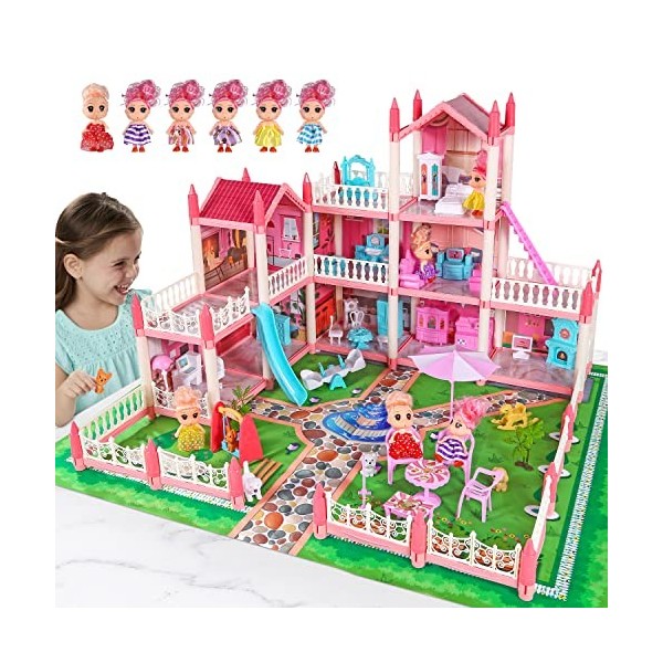 ALLROAD Maison de poupée avec 6 poupées, maison de poupée rose avec accessoires et meubles pour petites filles, petite fille,