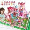 ALLROAD Maison de poupée avec 6 poupées, maison de poupée rose avec accessoires et meubles pour petites filles, petite fille,