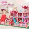 ALLROAD Maison de poupée avec 6 poupées, maison de poupée rose avec accessoires et meubles pour petites filles, petite fille,