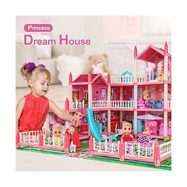 ALLROAD Maison de poupée avec 6 poupées, maison de poupée rose avec accessoires et meubles pour petites filles, petite fille,
