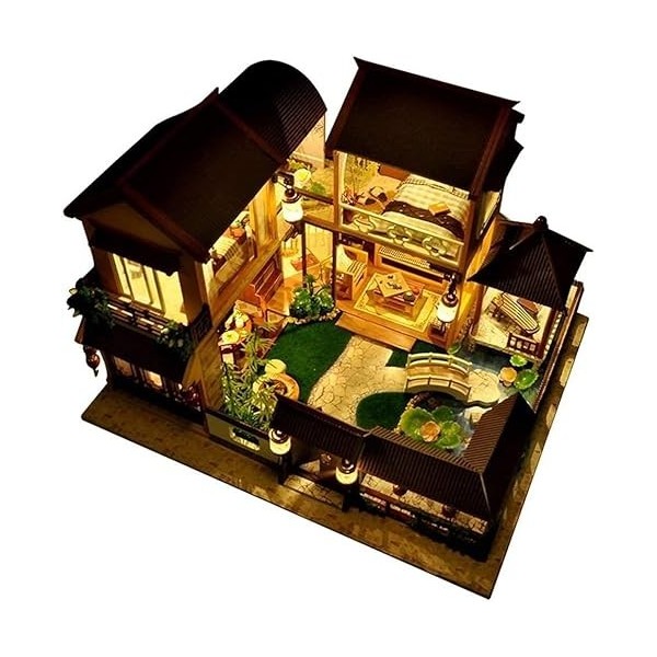 LEONYS Kits dartisanat de mini salle avec mouvement de musique de lumière LED de meubles, maison de poupée miniature en bois