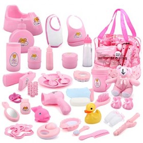 deAO Sac de 40 Accessoires de poupée avec de la Nourriture, des vêtements, Une Peluche, des Jouets de Bain, Une tétine et Bie