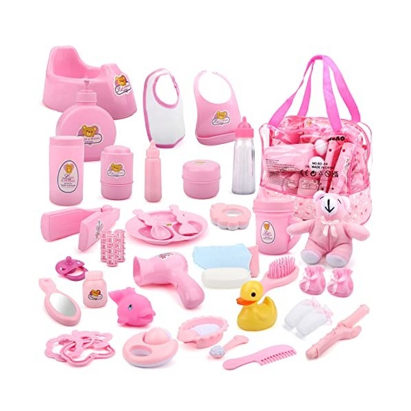 deAO Sac de 40 Accessoires de poupée avec de la Nourriture, des vêtements, Une Peluche, des Jouets de Bain, Une tétine et Bie