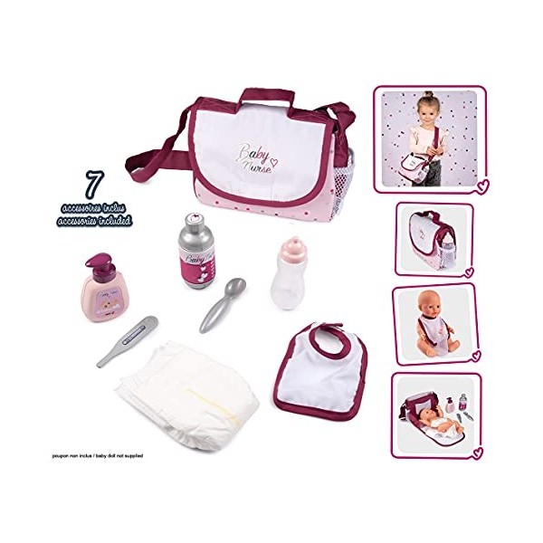 Smoby - Baby Nurse - Sac à Langer - pour Poupons et Poupées - Matelas et Porte-biberon Inclus - 7 Accessoires - 220363WEB Ros