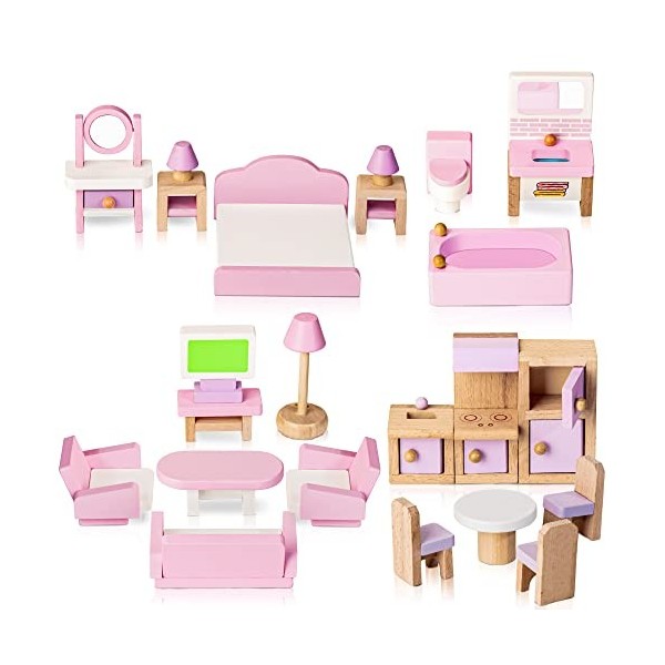 Kit de Meubles de Maison de poupées en Bois 5 pièces 22 pièces Miniature Maison de poupées Accessoires de Meubles y Compris l