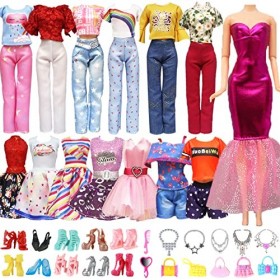 Lot de 31 vêtements et Accessoires Compatible avec Barbie poupée Main y Compris 3 Robes de Mode 3 Hauts 3 Pantalons 10 Paires