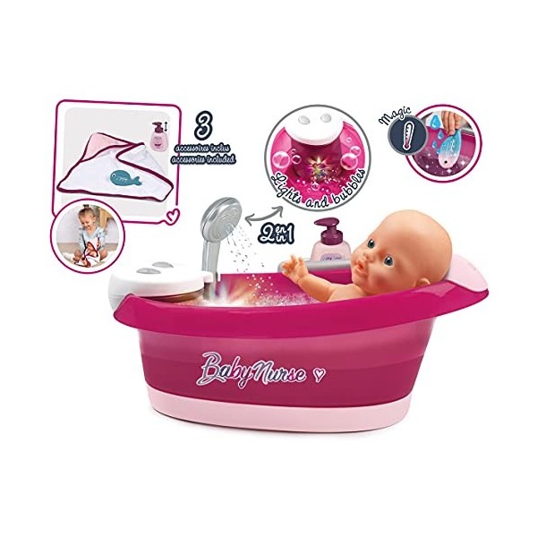 Smoby - Baby Nurse - Baignoire Balnéo - pour Poupons et Poupées - Jets deau et Bulles - Lumières LED - 220362