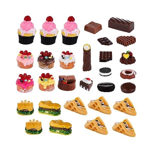 Amaxiu Ensemble de nourriture miniature 30 pièces pour maison de poupée, mini hamburgers, gâteaux, desserts, modèles alimenta
