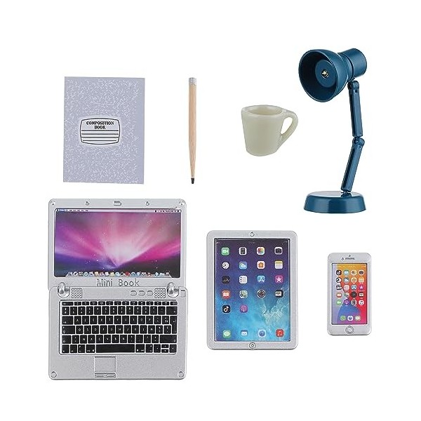 TIESOME 1:12 Mini ordinateur portable tablette 7 pièces, simulation ordinateur téléphone, lampe de bureau miniatures, accesso