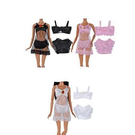 Jilibaba Ensemble de 3 ensembles de vêtements de nuit pour poupée, sous-vêtements, pyjama, chemise de nuit, robe en dentelle,