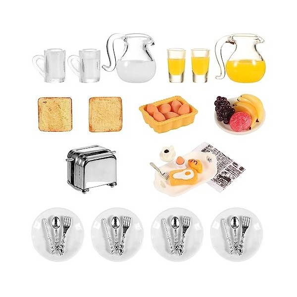 simarro Lot de 46 accessoires miniatures pour maison de poupée, échelle 1:12, mini machine à toaster, pain, lait, œufs, tasse