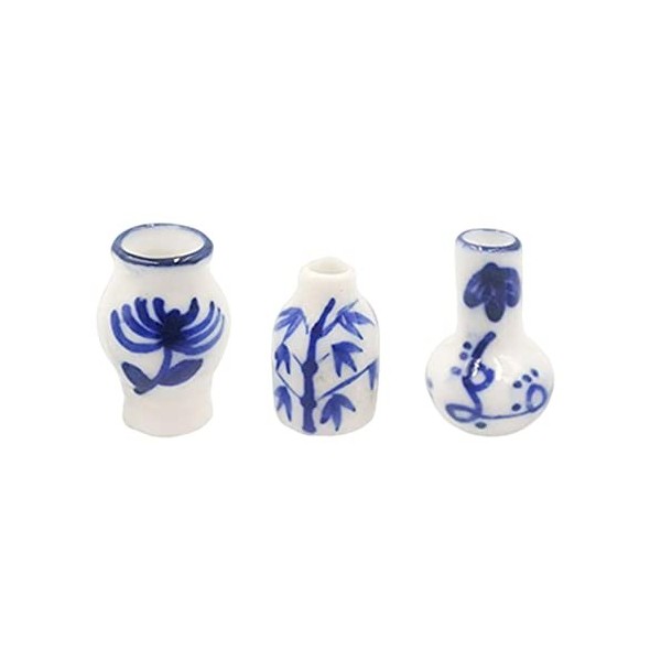 F Fityle 3 1/12 Maison de poupée Vases en Porcelaine Bleu et Blanc Ensemble Miniature Accessoires de Photographie Style Chino