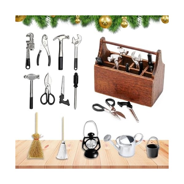 Boîtes à Outils Miniatures avec Outils,14 Pièces Accessoires de Maison de poupée,Mini boîte à Outils en Bois,Boîte à Outils M