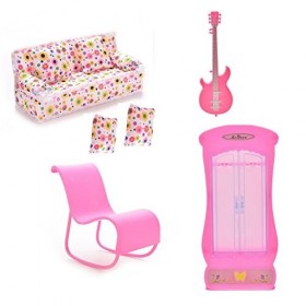 Xiton Barbie Meubles Accessoires de 1pc Couch, Coussins 2PCS, 1pc Guitare, 1pc Rocking Chair Rose ou Blanc au Hasard , 1pc A