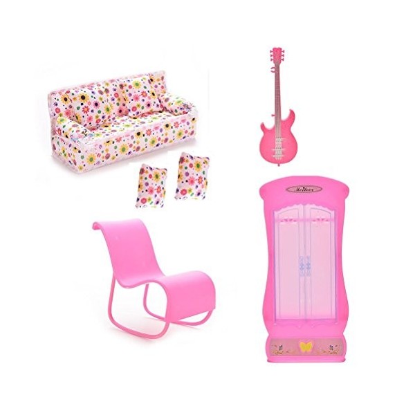 Xiton Barbie Meubles Accessoires de 1pc Couch, Coussins 2PCS, 1pc Guitare, 1pc Rocking Chair Rose ou Blanc au Hasard , 1pc A