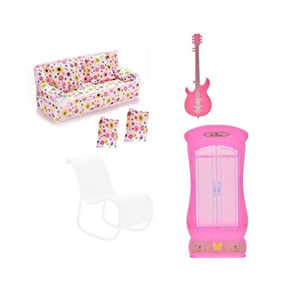 Xiton Barbie Meubles Accessoires de 1pc Couch, Coussins 2PCS, 1pc Guitare, 1pc Rocking Chair Rose ou Blanc au Hasard , 1pc A