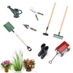 Lot de Mini Maisons de poupéEs Miniatures-Outils De Jardin Miniatures-Accessoires De Jardin-BêChe-Pilon-RâTeau-Chariot,Bouill