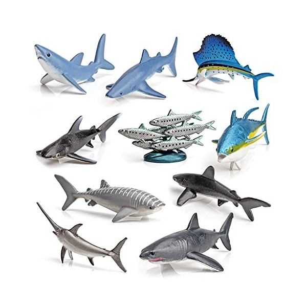 Lot de 10 figurines danimaux marins - Jouets créatures réalistes - En plastique - Poisson - Requin - Dauphin - Simulation d