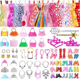 76 PCS Vêtements et Accessoires Compatible avec Barbie 16 Robes de soirée 20 Paires de Chaussures 10 Sacs à Main 30 Accessoir