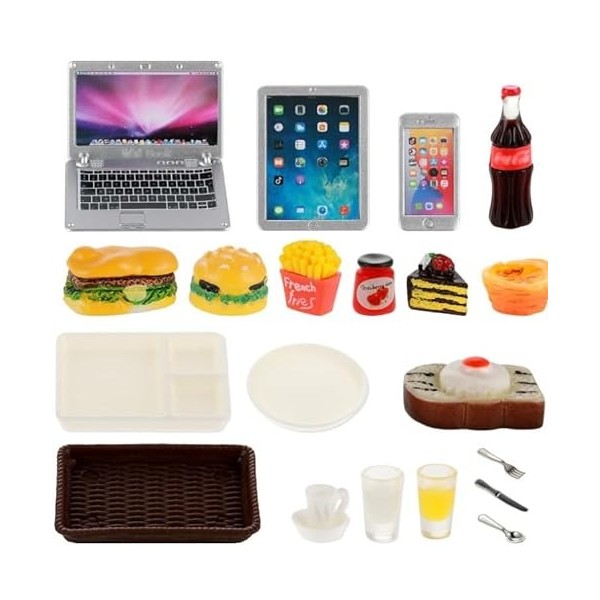 Fivtsme Lot de 21 accessoires de lutin pour maison de poupée, maison de poupée, ordinateur portable, tablette, jouet, télépho