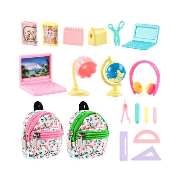 Accessoires Maison de Poupee 19 Pièces Miniature Accessoire Fourniture Scolaires Ensemble Scolaire Miniatures Sac à Dos Ordin