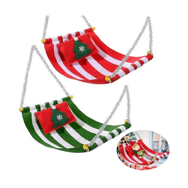 EKKONG 2 Pièces Hamac Elf de Noel, Accessoires Lutin Farceur de Noel Hamacs Elfe Noël en Vert et Rouge pour Ornement de Poupé