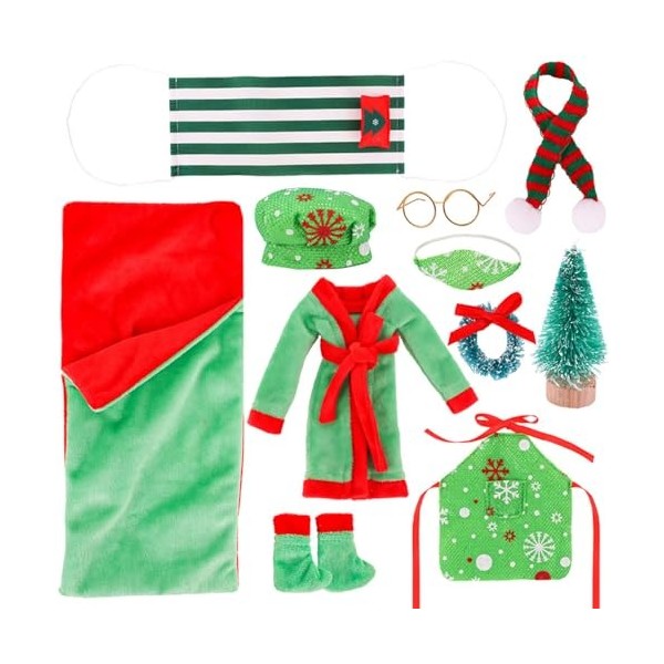 Tadoiooy Sac de Couchage pour poupée de Noël, kit Elfe sur létagère, Accessoires Elfe 11 pièces, Mini kit Elfe de Noël, Peig