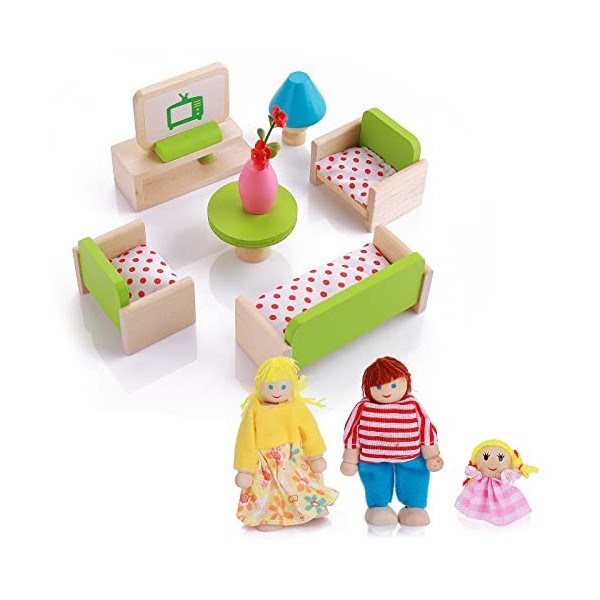 cobee Lot de 12 mini meubles de maison de poupée miniatures en bois avec 3 figurines de poupées familiales, accessoires de ma