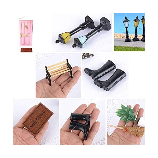 Ensemble dAccessoires Jardin Miniature, 6 Pièces Accessoires Jardin de Maison de Poupée, Bottes Pluie + Réverbère + Banc + T