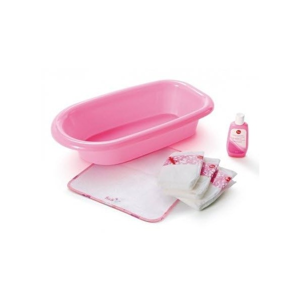 Coffret Bain : 1 Baignoire Rose 39 x 8 x 22 cm lxlxh pour poupée - 3 Couches - 1 Serviette - Set 5 Accessoires Poupon + 1 C