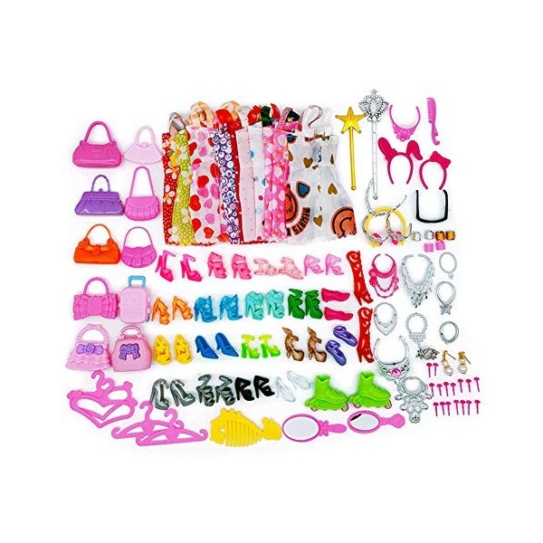 Lot de 70 accessoires pour vêtements pour poupées Barbie, 10 robes de robe, 30 accessoires de bijoux reçus collier miroir cin