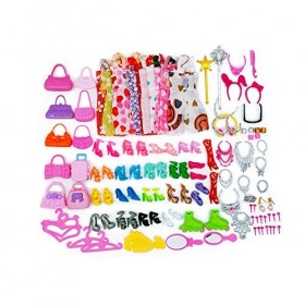 Lot de 70 accessoires pour vêtements pour poupées Barbie, 10 robes de robe, 30 accessoires de bijoux reçus collier miroir cin