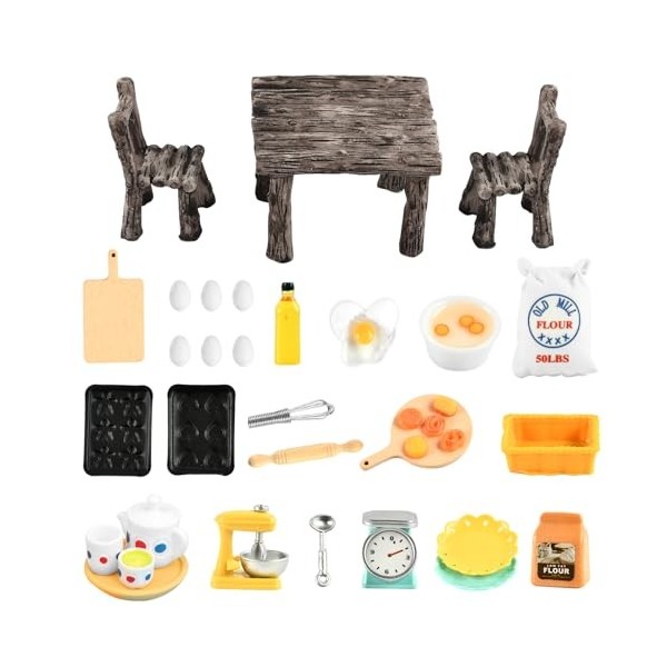 Accessoires de Cuisine Miniatures pour Maison de Poupée, 1/12 Ensemble de Cuisson Miniature, Table et chaises de Poupée Minia