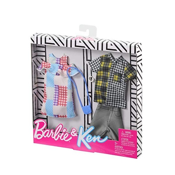 Barbie Fashionistas Kit vêtements Barbie & Ken, 2 tenues pour poupées dont robe, chemise, short et accessoires, jouet pour en