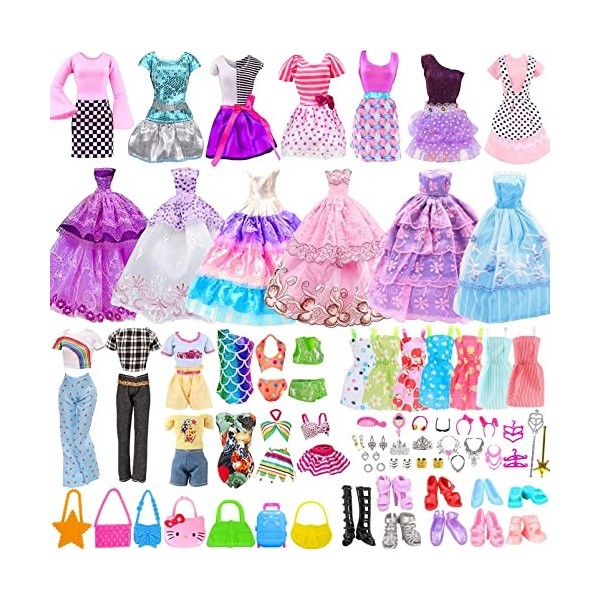 56 Ensembles Vêtements et Accessoires pour Barbie Doll, Accessoires pour Poupées Mini Vêtements Robes Pantalon Bikini Chaussu