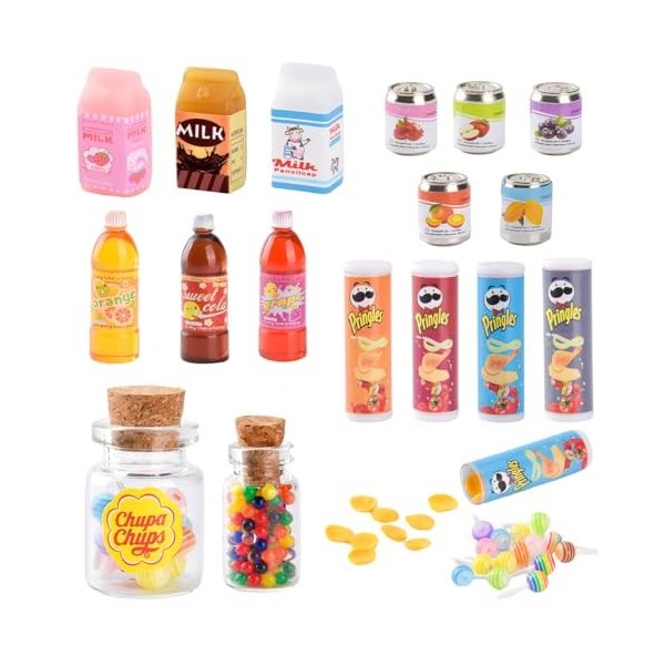 DAOUZL Jouets de Miniatures Alimentaires Boissons, Mini Nourriture Jouet 1/12, 21 Pièces Mini Aliments en Résine Mélangée, Mi