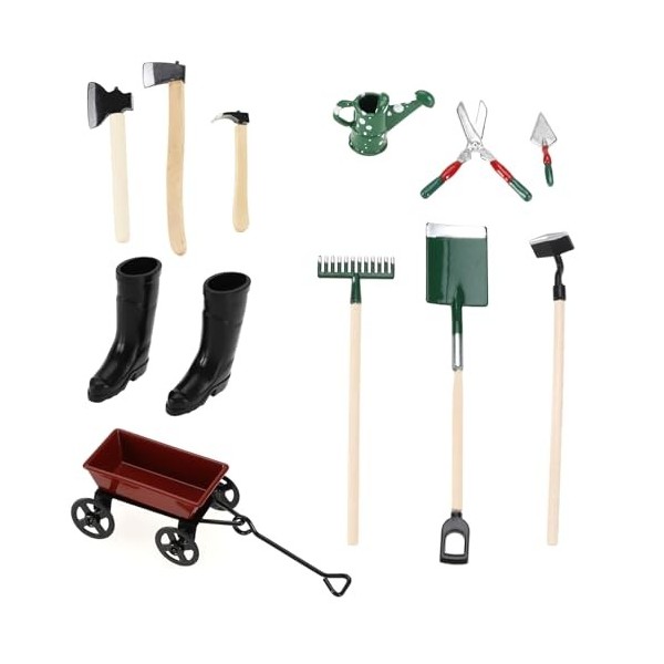 Lot de 11 accessoires de travail pour maison de poupée 1:12 - Pelle, râteau et pelle - Arrosoir - Mini chariot - Outils de ja