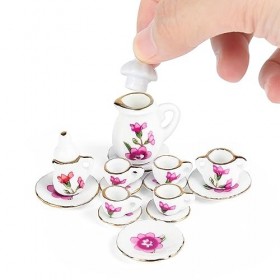1:12 Accessoires de maison de poupée en porcelaine Service à thé pour enfants, Vaisselle de poupée miniature pour chambre de