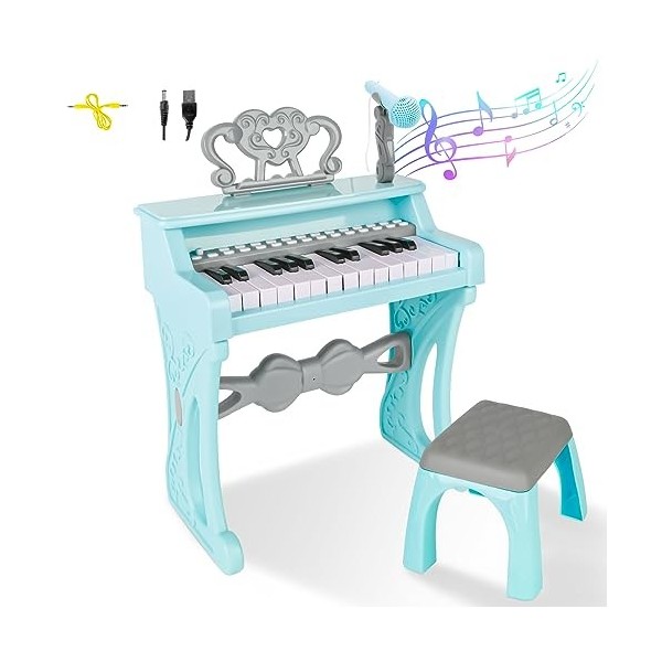 deAO Piano Enfant pour Filles,Jouets De Clavier De Piano Musical Enfant ,Jouet Piano Électronique avec Tabouret Et Microphone
